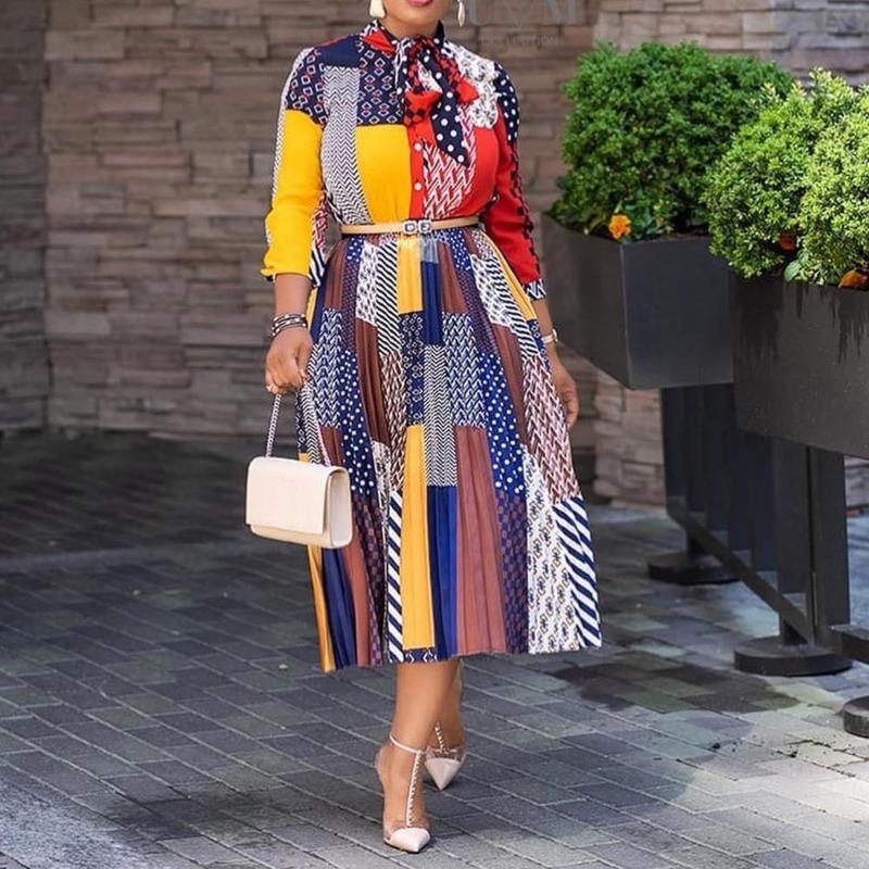 

2 New dresses African printed bow collar seven-quarter sleeve medium and long dress women s clothing 6 S синий