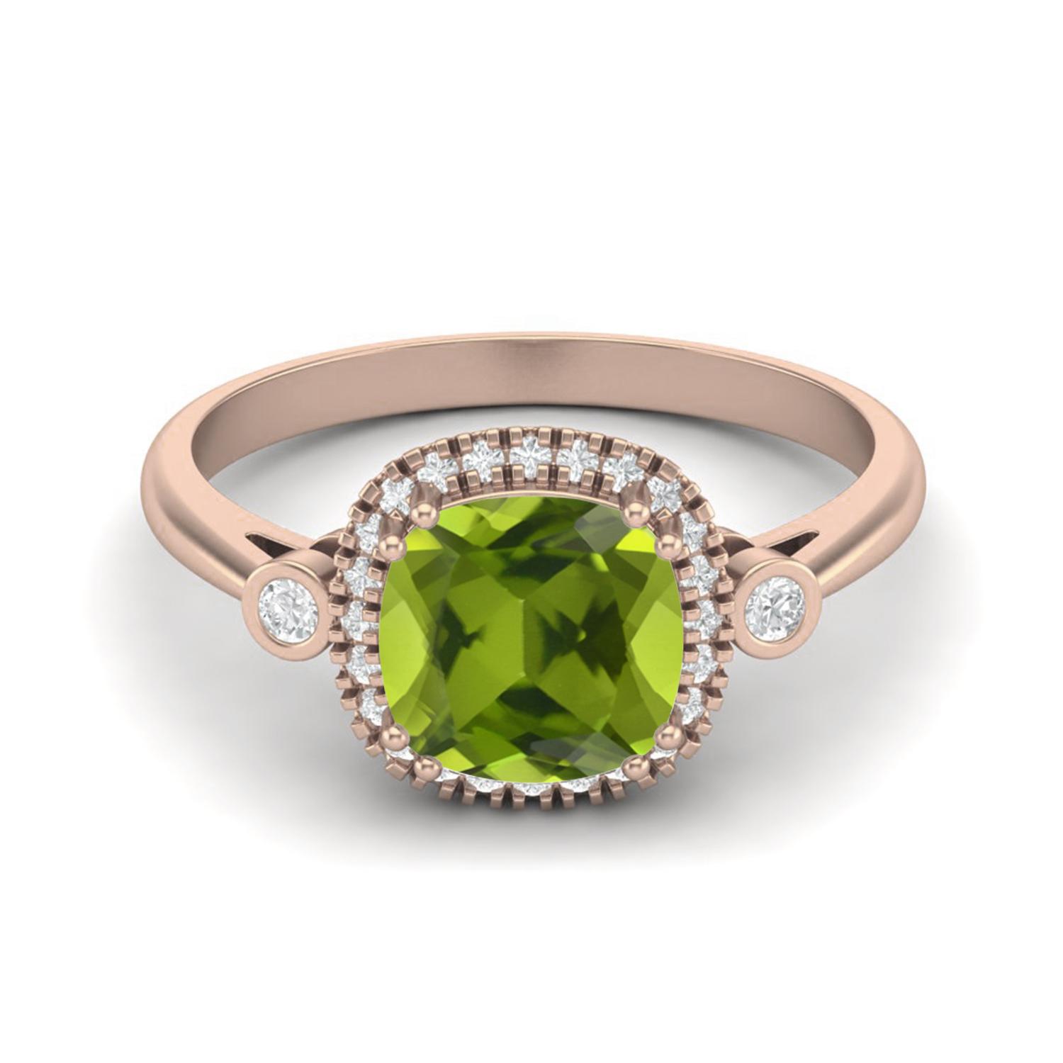 7mm Cushion Peridot 925 Sterling Silver Rose Vermeil Solitaire Accents Women Anniversary Ring 5
