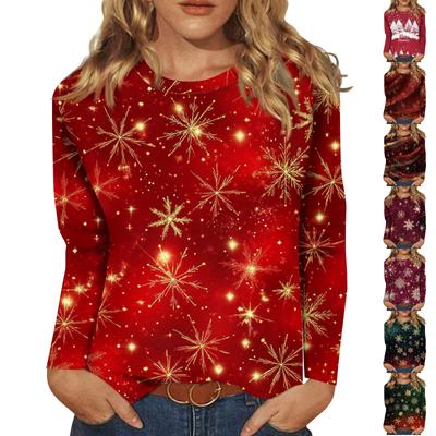 Kadın Modası Günlük Uzun Kollu Noel Baskılı Yuvarlak Yaka Üst