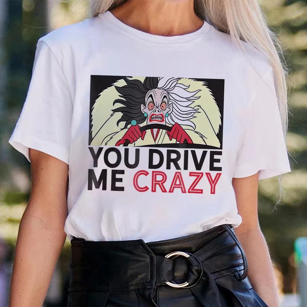 

Fashion Cruella De Vil Drive Me Crazy Graphic Printed Tshirts Harajuku Women Casual Short Sleeve Streetwear Tops Tees S
