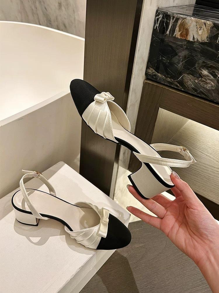Sheepskin version~ French Xiaoxiangfeng bow bag head sandals thick heel back strap gentle temperament light mouth single shoes women