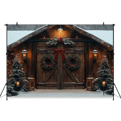Mocsicka Photography Background Christmas Decor Photo Backdrop Green Xmas Tree Vintage Wooden House Door Pattern Shootin30