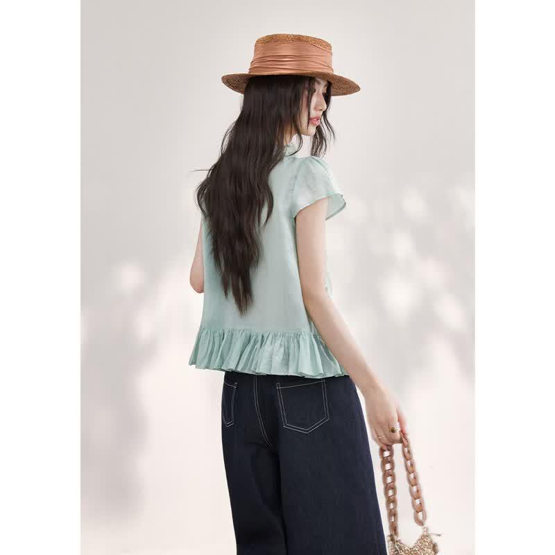 Women's 2026 Summer Tencel Ramie Ruffle V-Neck Shirt
