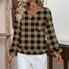 Women's Casual Fashion Ruffled V-Neck Pocket Plaid Print Long Sleeve Top
