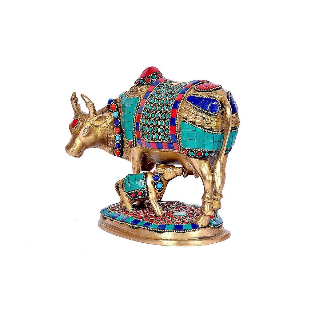 Beautiful Lucky Kamdhenu Cow with Calf Brass Sculpture Home Décor, Height :7 Inch