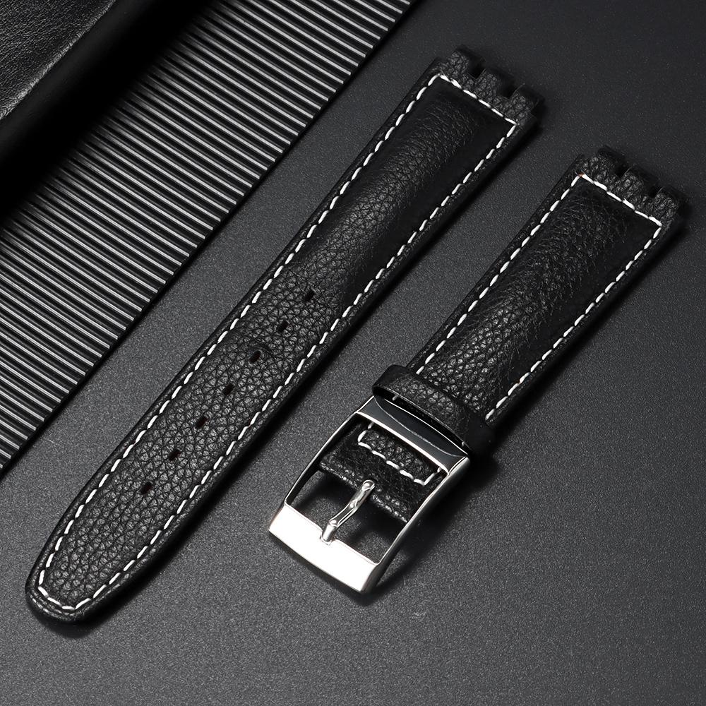 

Ремешок 17 мм для часов Swatch, браслет из натуральной воловьей кожи, мужской, женский, деловой, черный, с пряжкой, сменный ремешок для часов 17mm&Silver Buckle