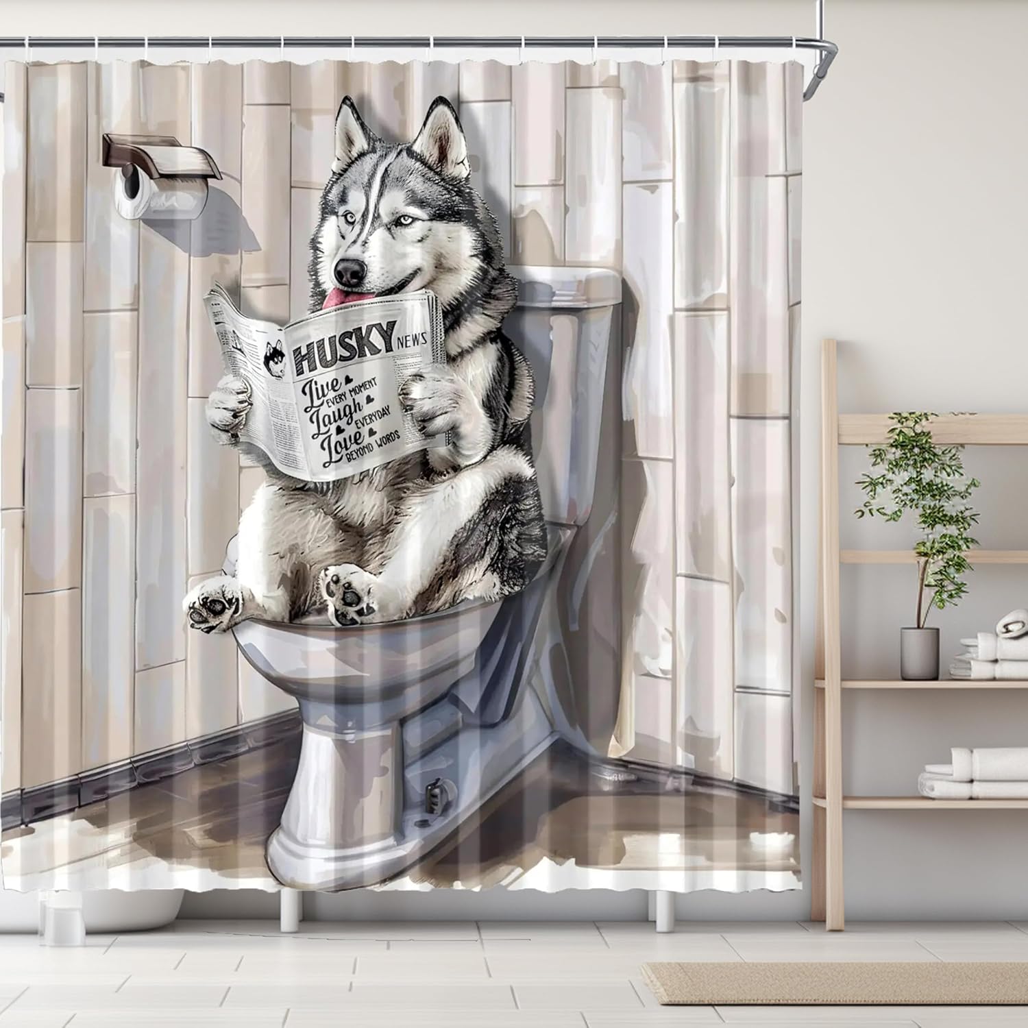 Jessica Chen Funny Husky Shower Curtain Humor Husky Animal Sitting On Toilet Reading Newspaper Shower Curtains Shower Curtain For Bathroom