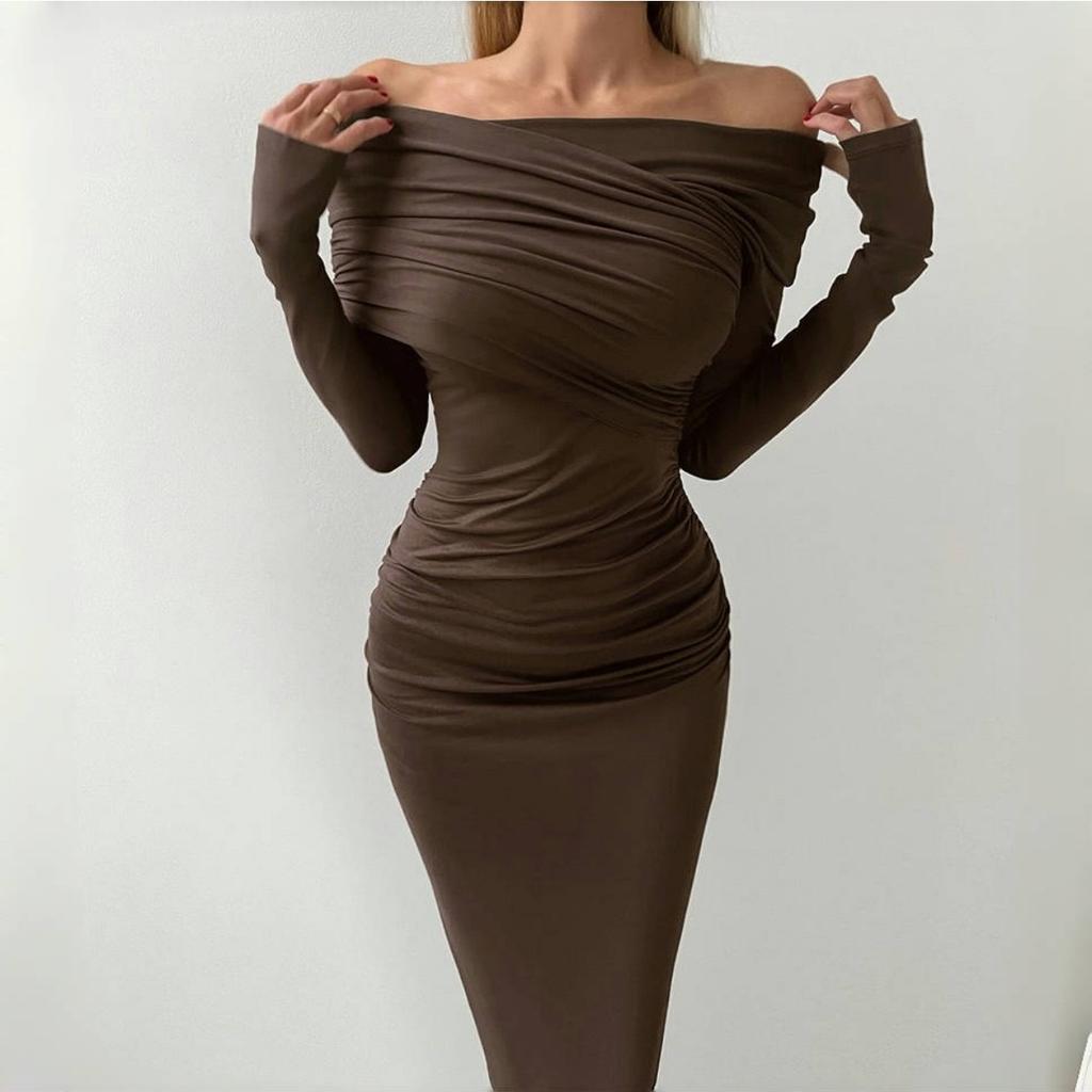 LYRIA Elegant Fashion Sexy Maxi Dresses Streetwear Off Shoulder Casual  Long Sleeve Slim Bodycon Party Vestidos Robes Female