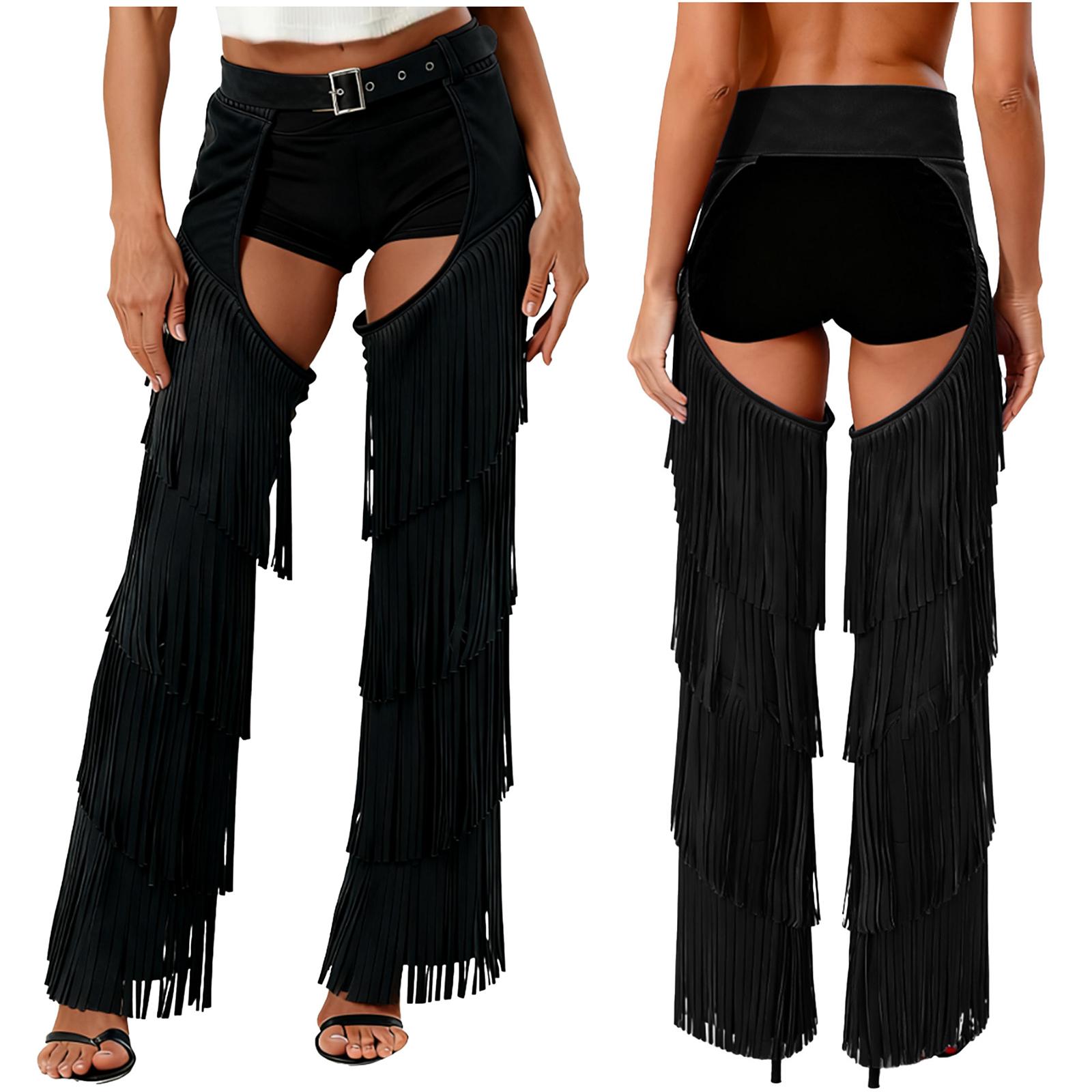 

Women s Sexy Cowgirl Buttless Pants S-3XL, Open Crotch Fringe Design with Buckles for Rave Party Christmas Carnival Outfit S