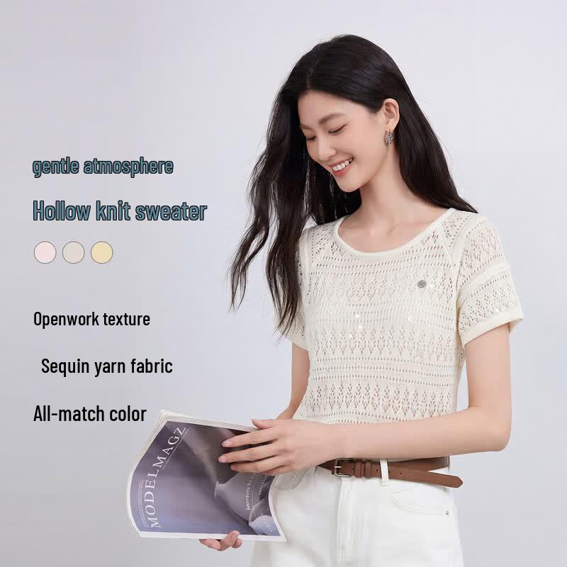 FivePlus Women s Sequin Hollow Knit Short Sleeve Cardigan F