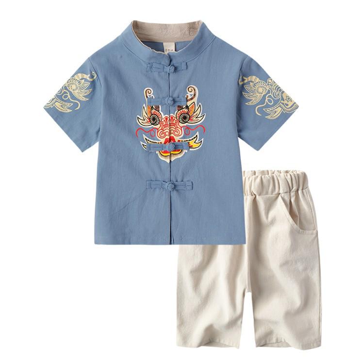Kinder Baumwoll-Leinen Hanfu Set: Kurzarm & Shorts, Tang-Anzug Antikes Kostüm für Jungen & Mädchen - Zweiteiliges Performance-Outfit