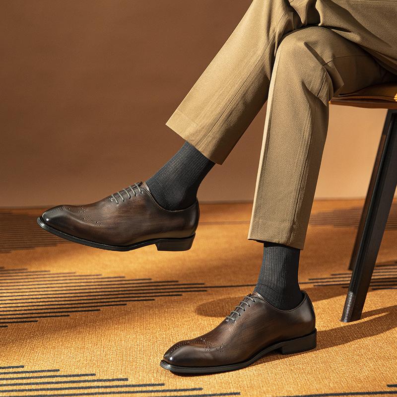 Fashion Mens Oxford Genuine Leather Shoes Whole Cut Fashion Pointed Toe Lace-up Formal Business Wedding Dress Shoes For Men