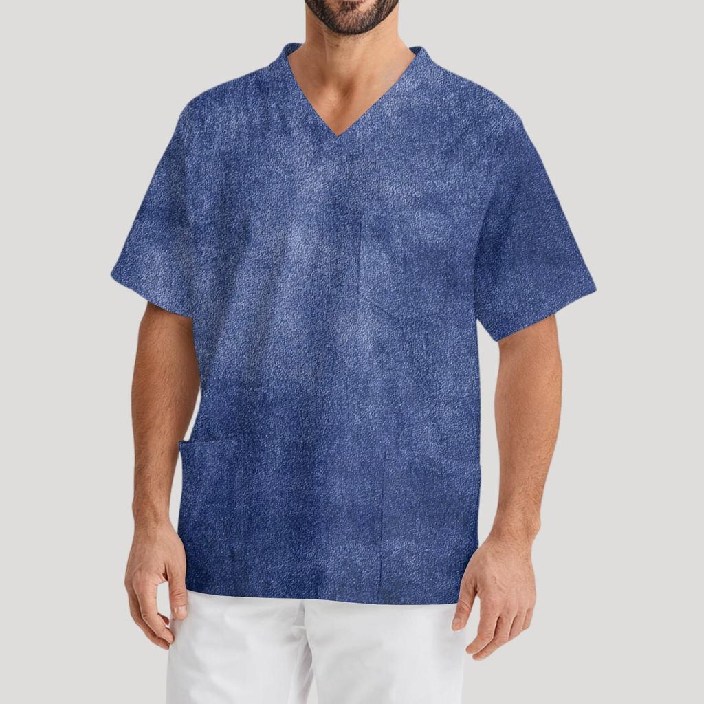 Men's Printing Short Sleeve V-neck Working Blouse Chest Pocket Carer Top