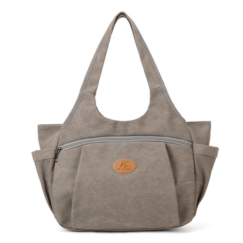 Vintage Women's Bag Large Capacity Canvas Tote Bag Solid Color Portable Shoulder Bag