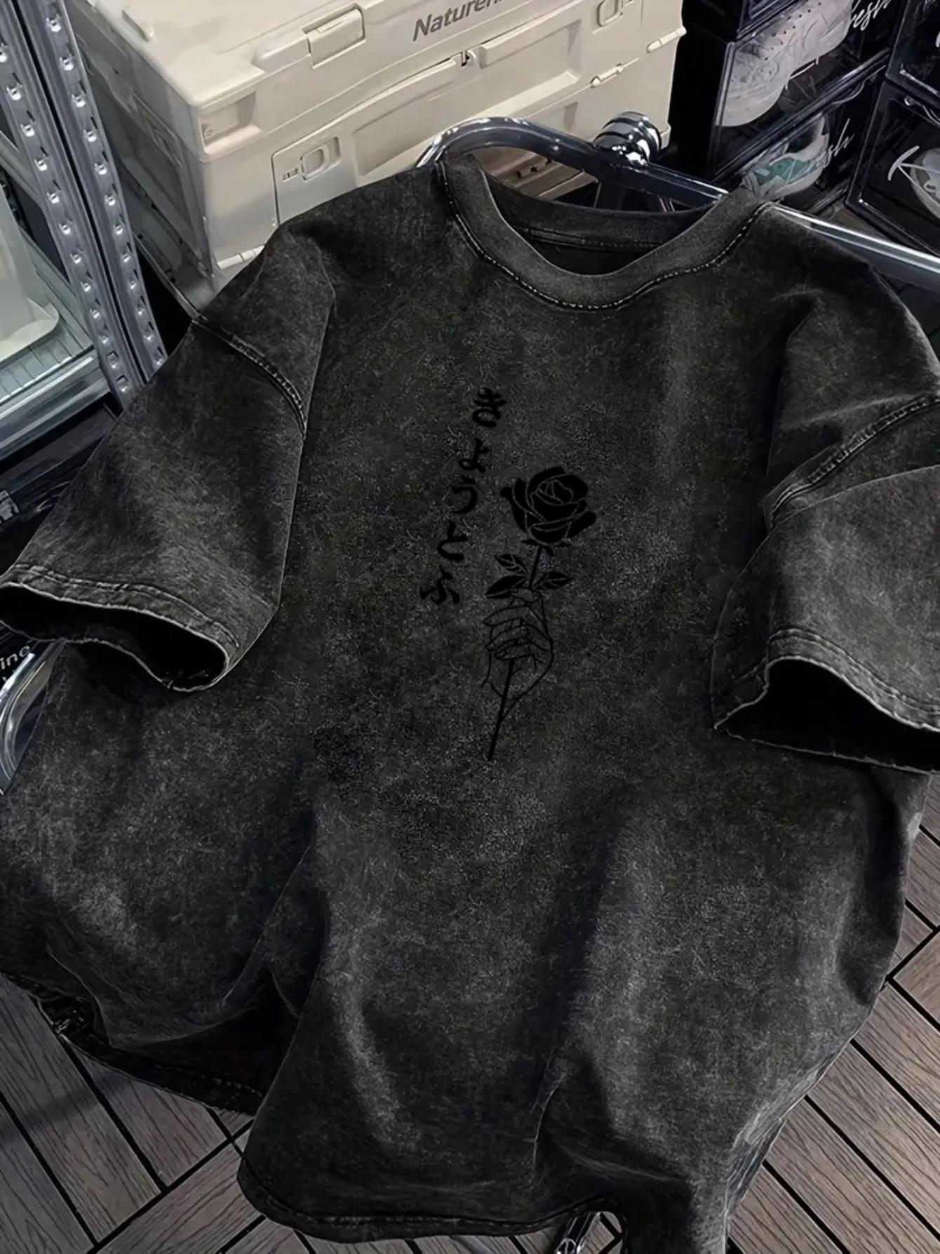 

Mens Fashion 100 Cotton Retro Washed Black LooseTee with Japanese Retro Rose Print Round Neck Casual Outdoor Comfort S