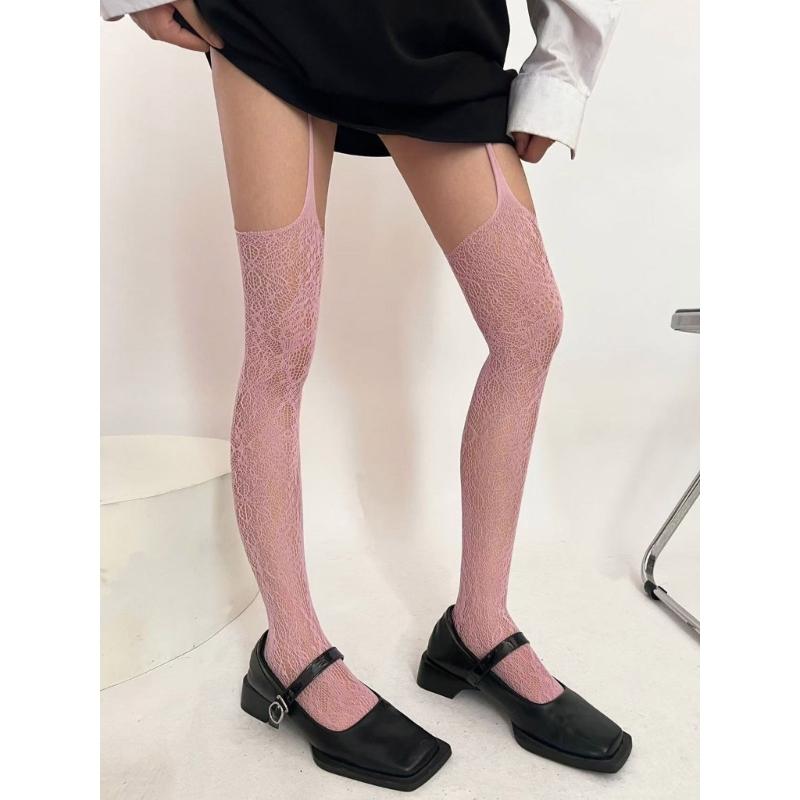 Women Fishnet Garter Belt Pantyhose Punk Flower Lace Patterned Sheer Thigh High Stockings Suspender Strap Tights Hosiery