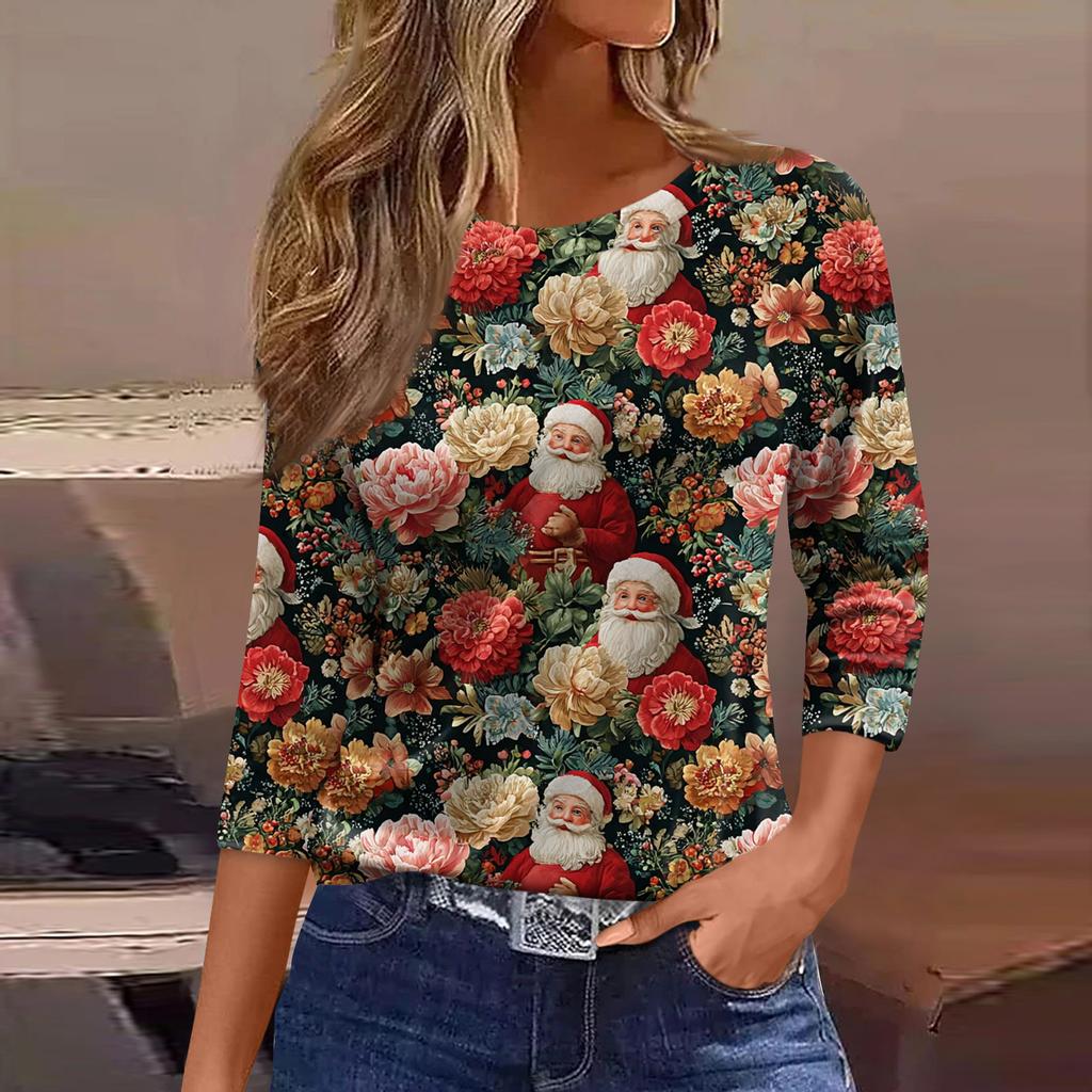 Women's Fashion Casual Three-quarter Sleeve Christmas Printed  Neck Top
