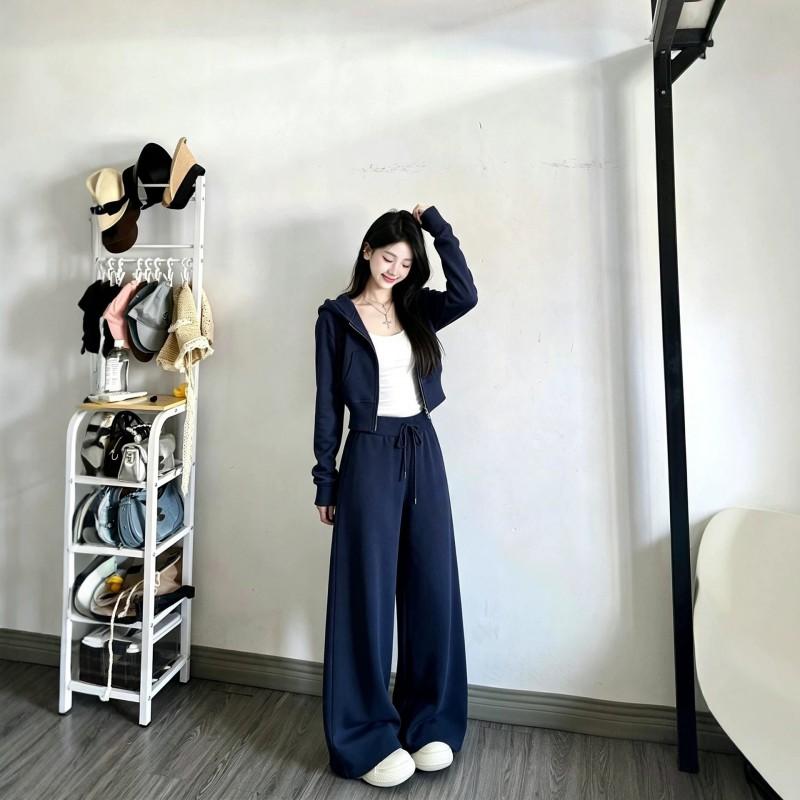 Womens Navy Short Hoodie Sweatshirt Tracksuit Set Fall Korean Casual Outfit