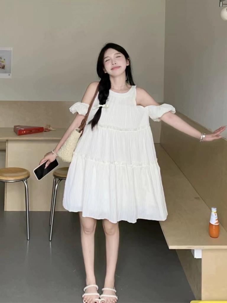French off-the-shoulder small dress for women's summer new sweet age-reducing temperament loose and thin neck short skirt