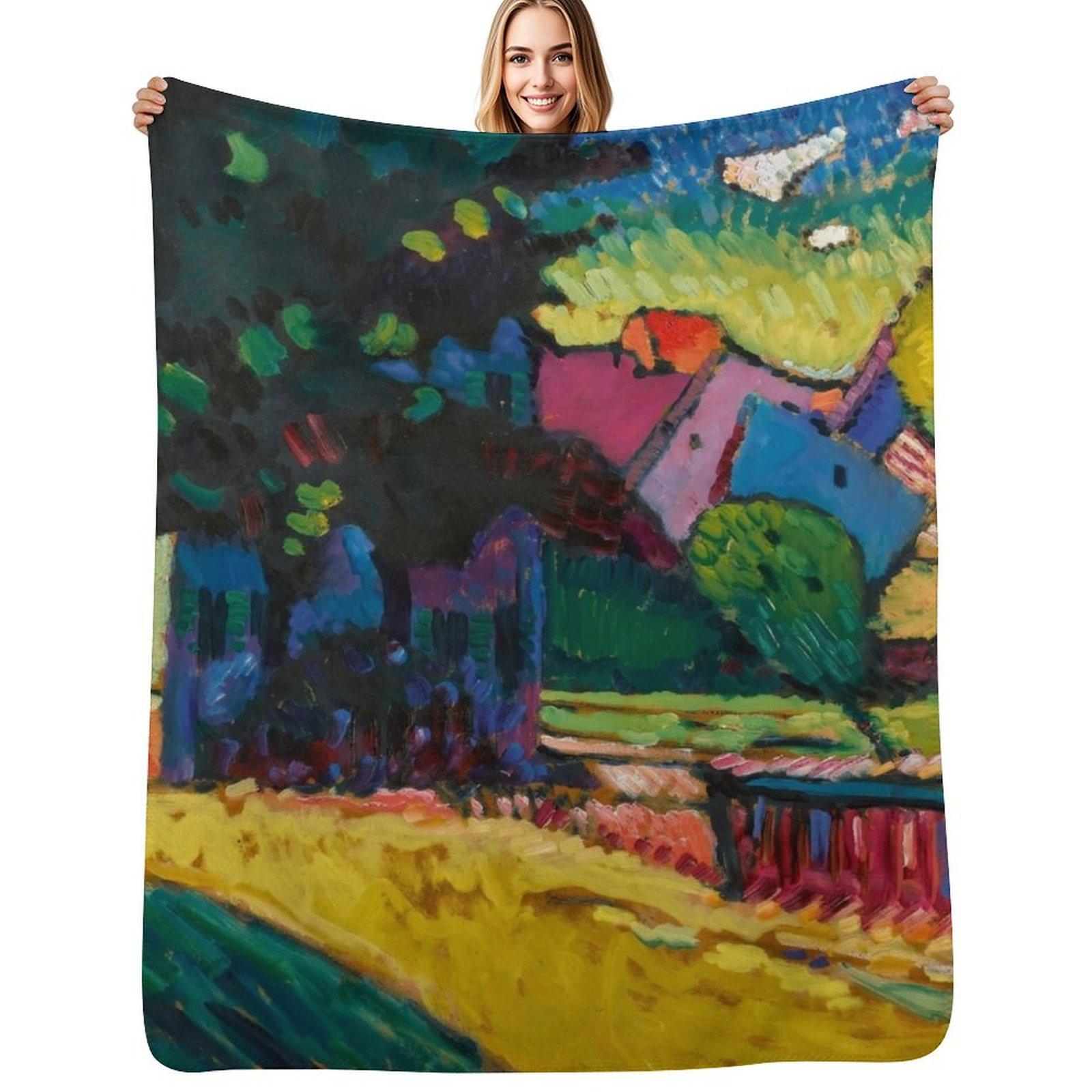 Wassily Kandinsky Murnau - Landscape with Green House Throw Blanket Cozy Throw Blanket Birthday Gift for Him Her Size: 75*100cm, Weight: 230 GSM