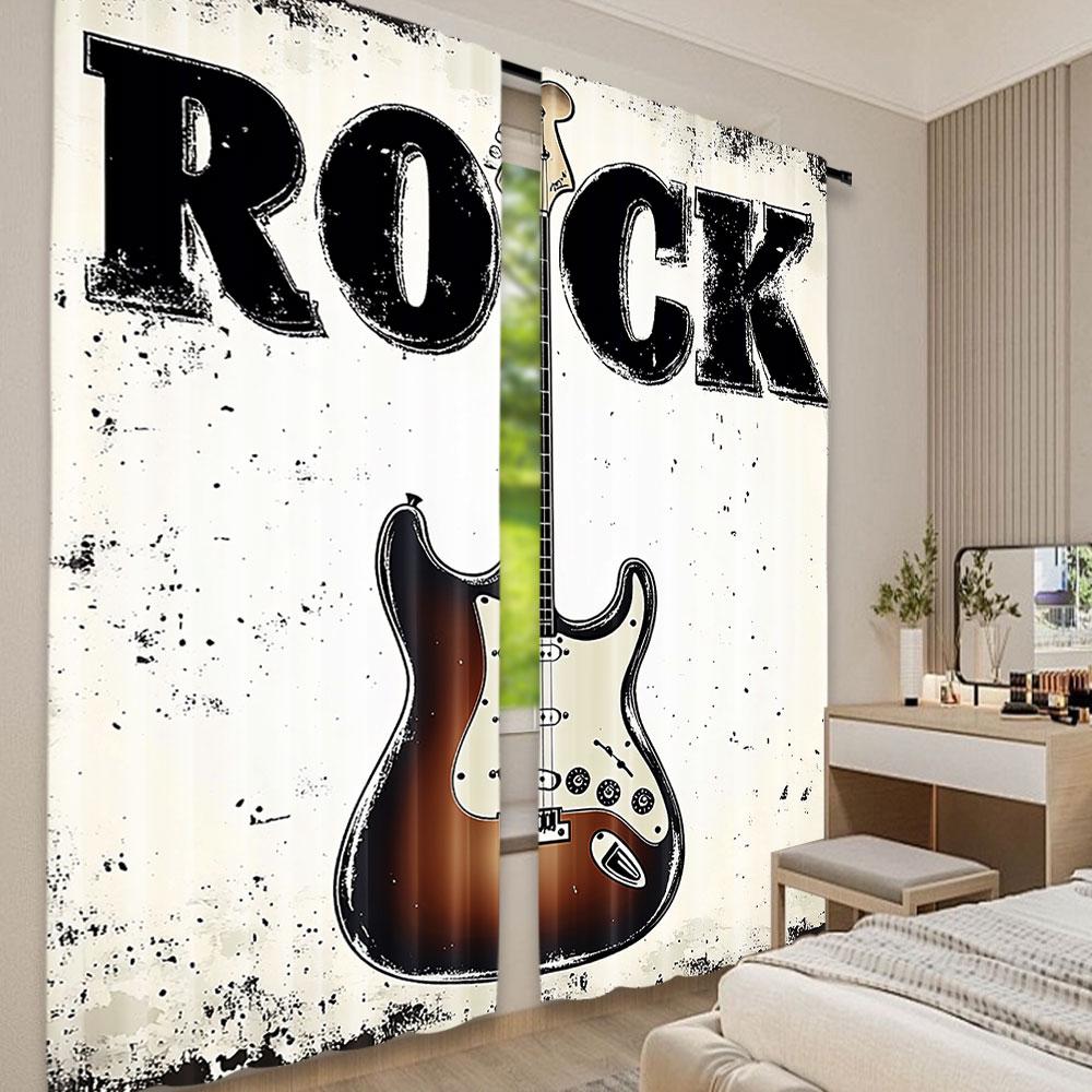 Rock Music Curtains Detailed Guitar Strings Retro Halftone Suitable Living Room Bedroom Set Of 2 Made Polyester Sitting Decor