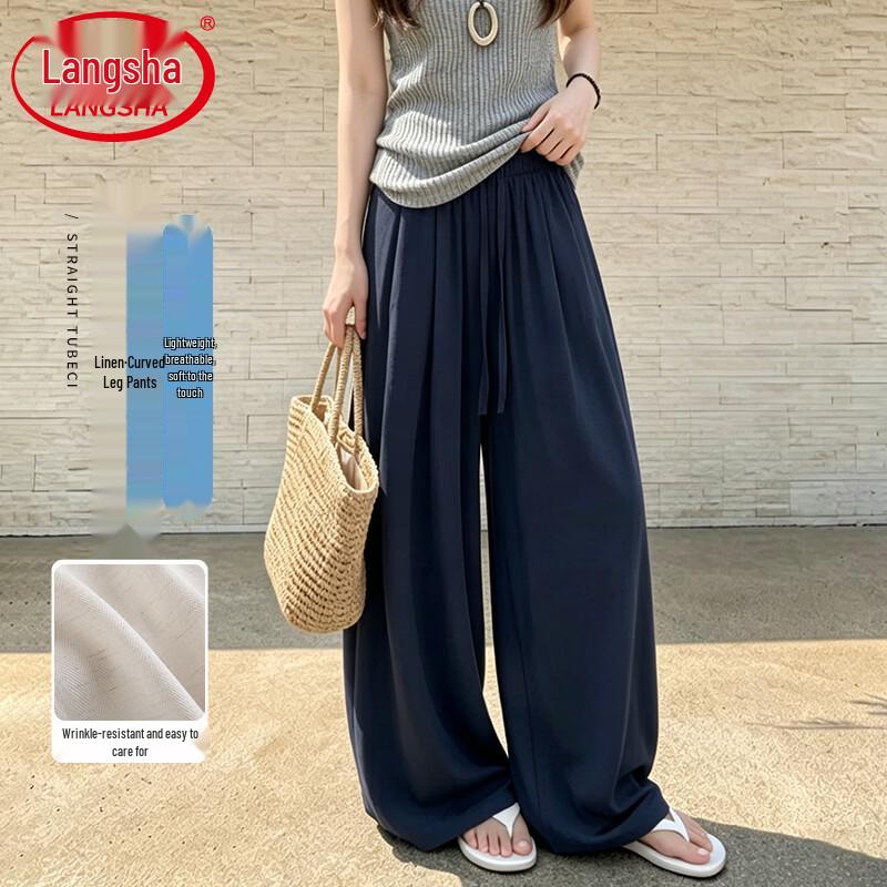 Langsha Women s High-Waist Linen Blend Wide-Leg Pants L