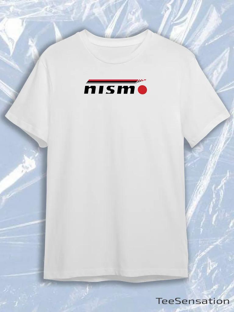 T-shirt Blanc Manches Courtes Col Rond TeeSensation avec Logo nismo Noir avec Bandes Rouge Blanc et Point Rouge