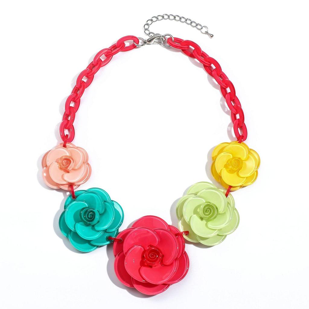 Bohemian Acrylic Flower Necklace - Colorful Rose Sweater Chain