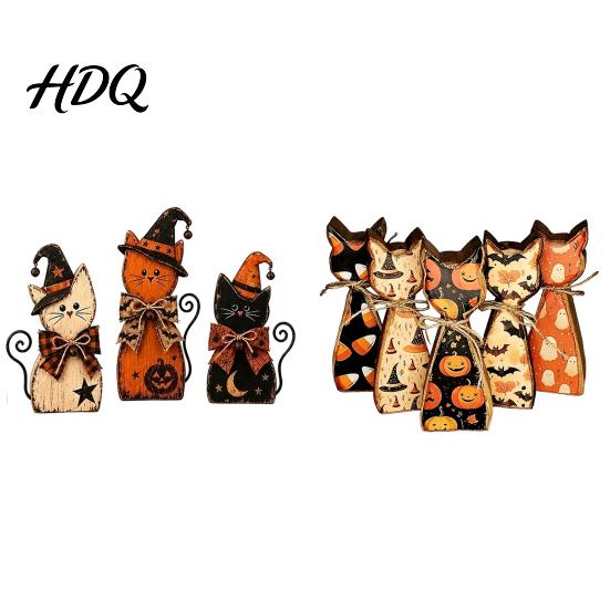 Harvest Celebration Mantel Decor Rustic Wooden Cat Ornament Vintage Halloween/Flower Wood Tabletop Signs Decorative Figurines for Fall Distressed