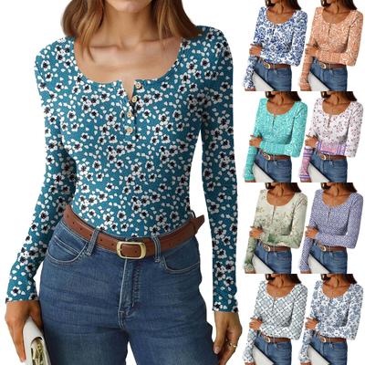 Damski T-shirt Slim Fit Modny Casualowy z Nadrukiem Gradientowym Okrągły Dekolt Pulower Długi Rękaw Top