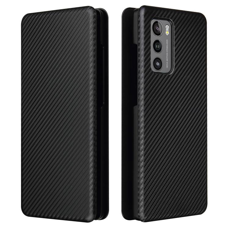 Dla LG Wing 5G Etui z Teksturą Włókna Węglowego, Poziome Flip, TPU + PC + Skóra PU z Miejscem na Karty