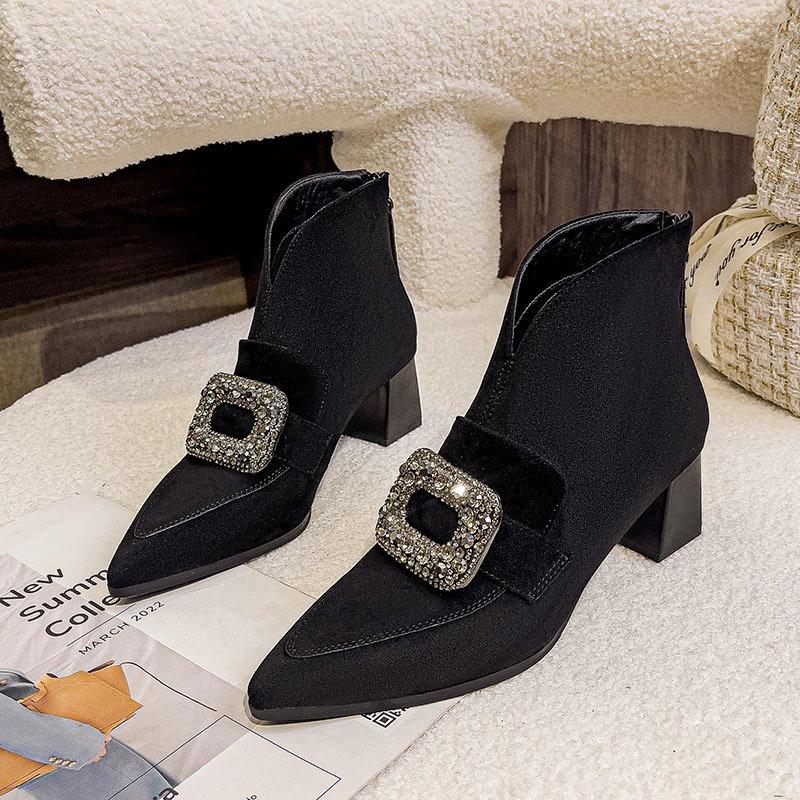 Pointed short boots 2024 new autumn and winter thick heels high-top shoes retro deep-mouth single shoes rhinestone square buckle short women's boots