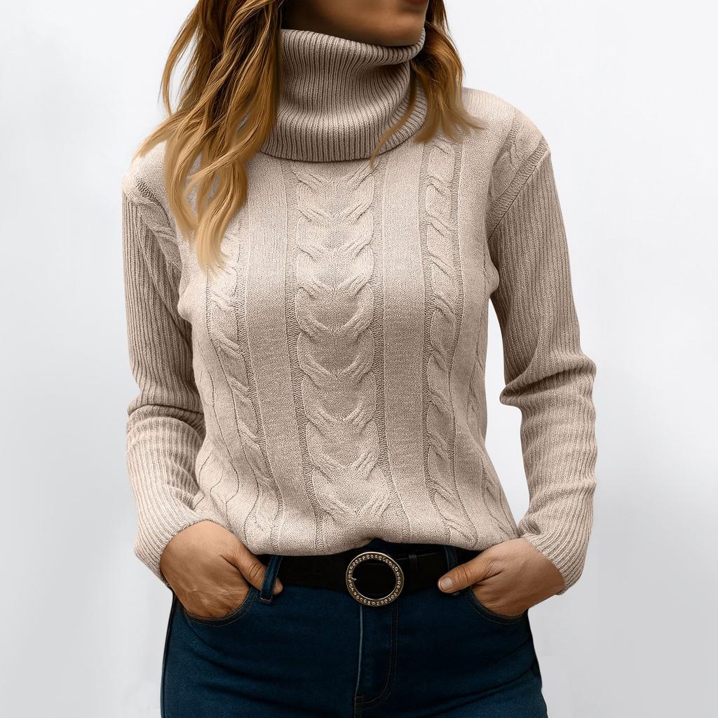 Women's Fashionable Solid Color High Neck Long Sleeved Sweater Pullover Sweater Top