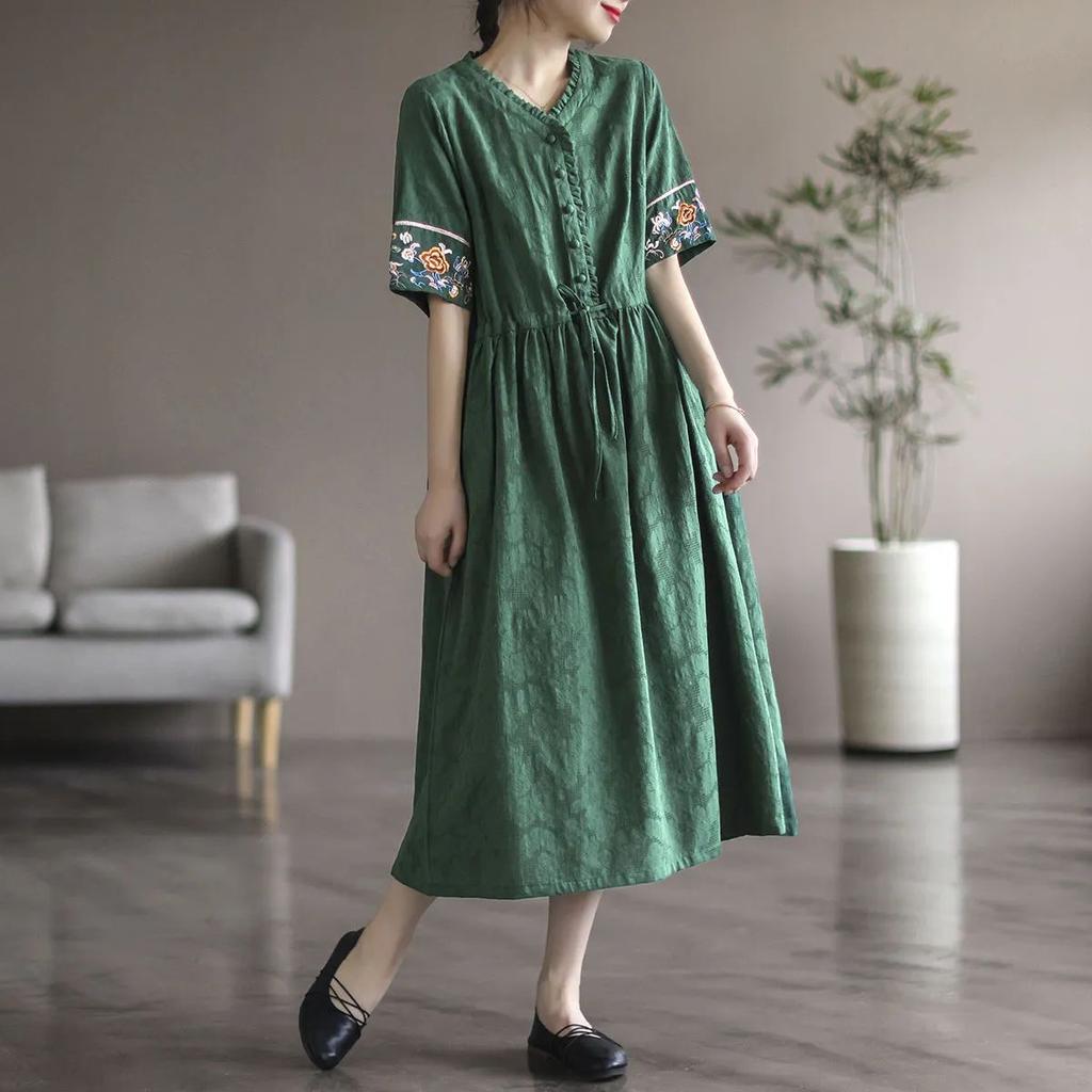 2025 Summer Washed Cotton Dress - Embroidered Midi Dress with Drawstring, Slim Fit Short Sleeve Linen Blend Dress, Boho Chic Casual Women's Outfit