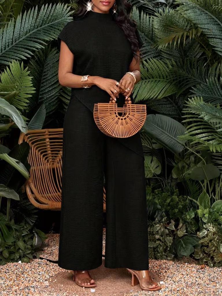 Women's Casual Asymmetrical Hem Two-Piece Set: Solid Color Top and Pants
