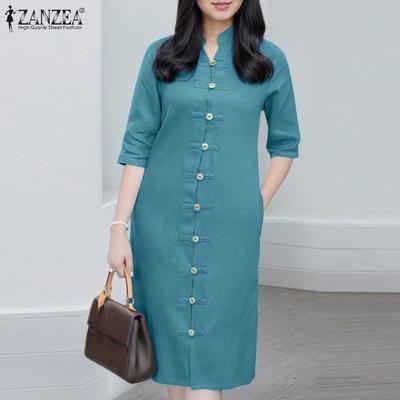 Women Stand Collar Casual 3/4 Sleeve Retro Sheath Dress