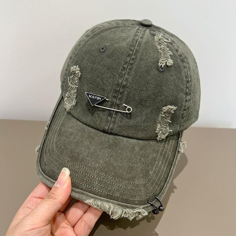 Fashion Washed Polished Hole Soft Top Baseball Cap Children Metal Pin Trendy Big Head Circumference Peaked Cap Men