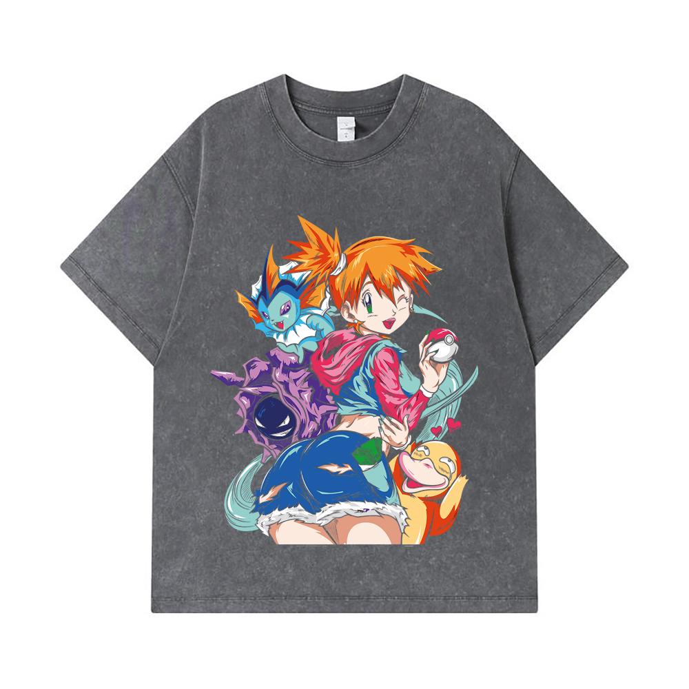275 GSM Washed T-shirts 100% Cotton Pokemon V17 Misty Print Unisex Heavy Cotton T Shirt