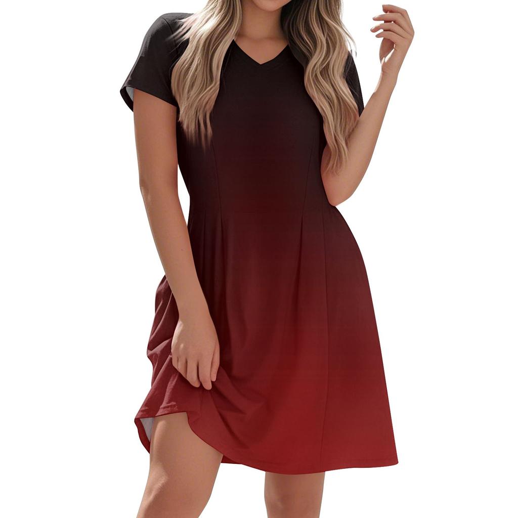 Women's Fashion Casual Short-sleeved V-neck Gradual Print Home Holiday Casual Dress