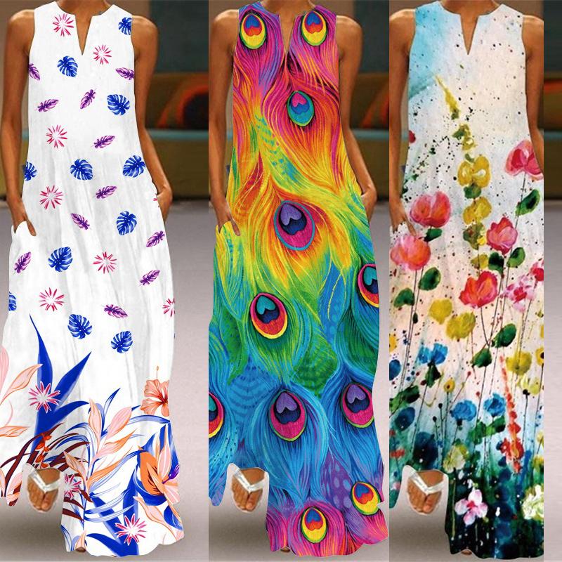 Robes imprimées pour femmes, style Boho, sans manches, col en v, longue, décontractée, ample, plage, fête, Maxi, été