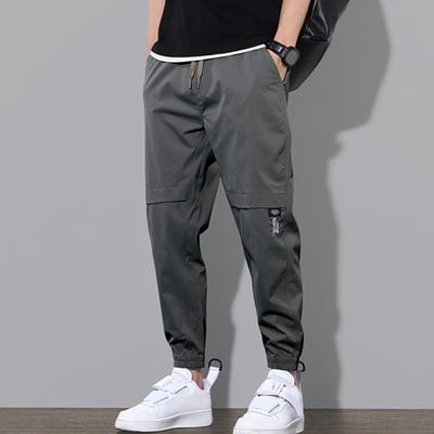Men Cargo Pants Multi Pockets Drawstring Elastic Waist Smooth Ankle-banded Solid Color Gym Outdoor Daily Wear Long Harem Trousers