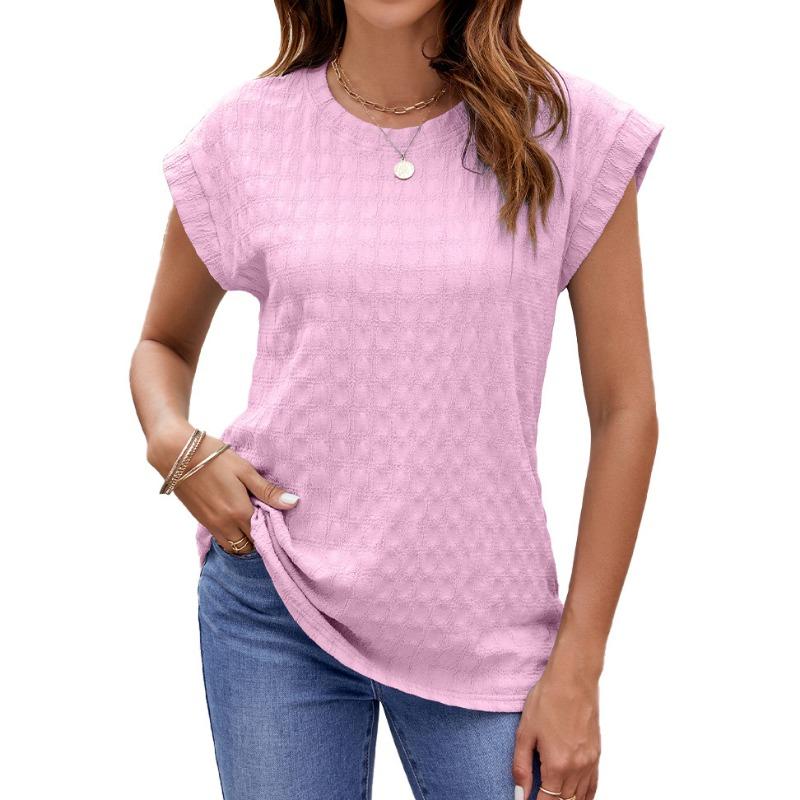 Spring Summer Solid Color Jacquard Solid Color Round Neck Short Sleeved T-shirt Top for Women Shirt