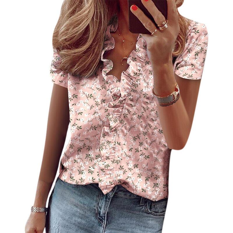 Stylish Women's V Neck Ruffle Short Sleeve T Shirt With Fashionable Daisy Print