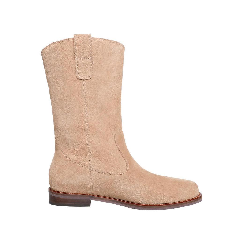 Krazing Pot Chaussures en daim de vache pour femme, bottes mi-mollet à bout rond et talons bas épais, collection automne-hiver