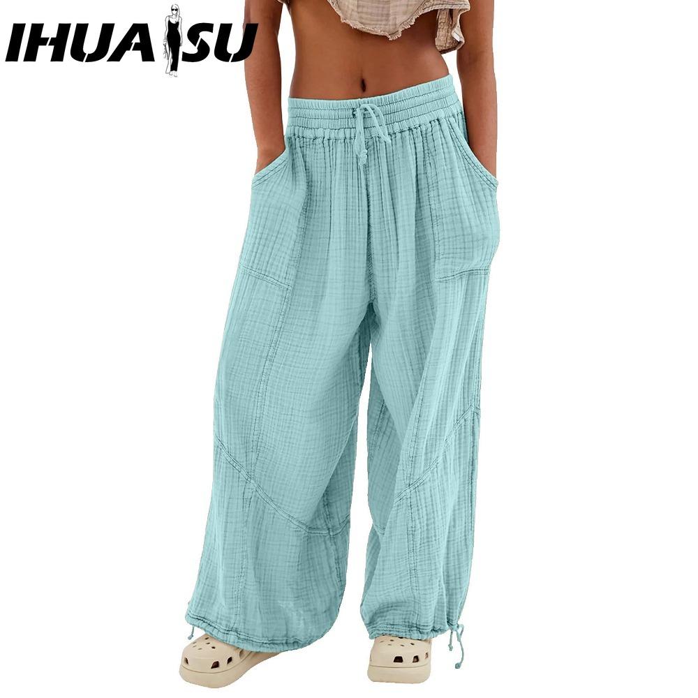 

IHUASU 8 цветов Женские брюки с высокой эластичной талией Широкие штанины Свободные брюки Глубокий жилет Плиссированные щиколотки Карманы Однотонные Мягкие женские повседневные брюки XXXL светло-синий