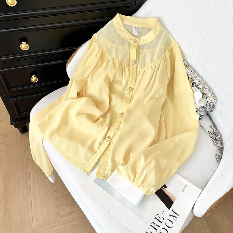 

Темпераментный элегантный модный дизайн тонкий кардиган-рубашка новый свободный и тонкий скрывающий полноту универсальный топ рубашка для мамы XXXL [Recommended 138-75kg] жёлтый