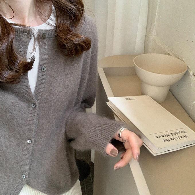 Spring Autumn Crew Neck Purple Short Knit Cardigan Loose Outer Wear Sweater Coat for Women