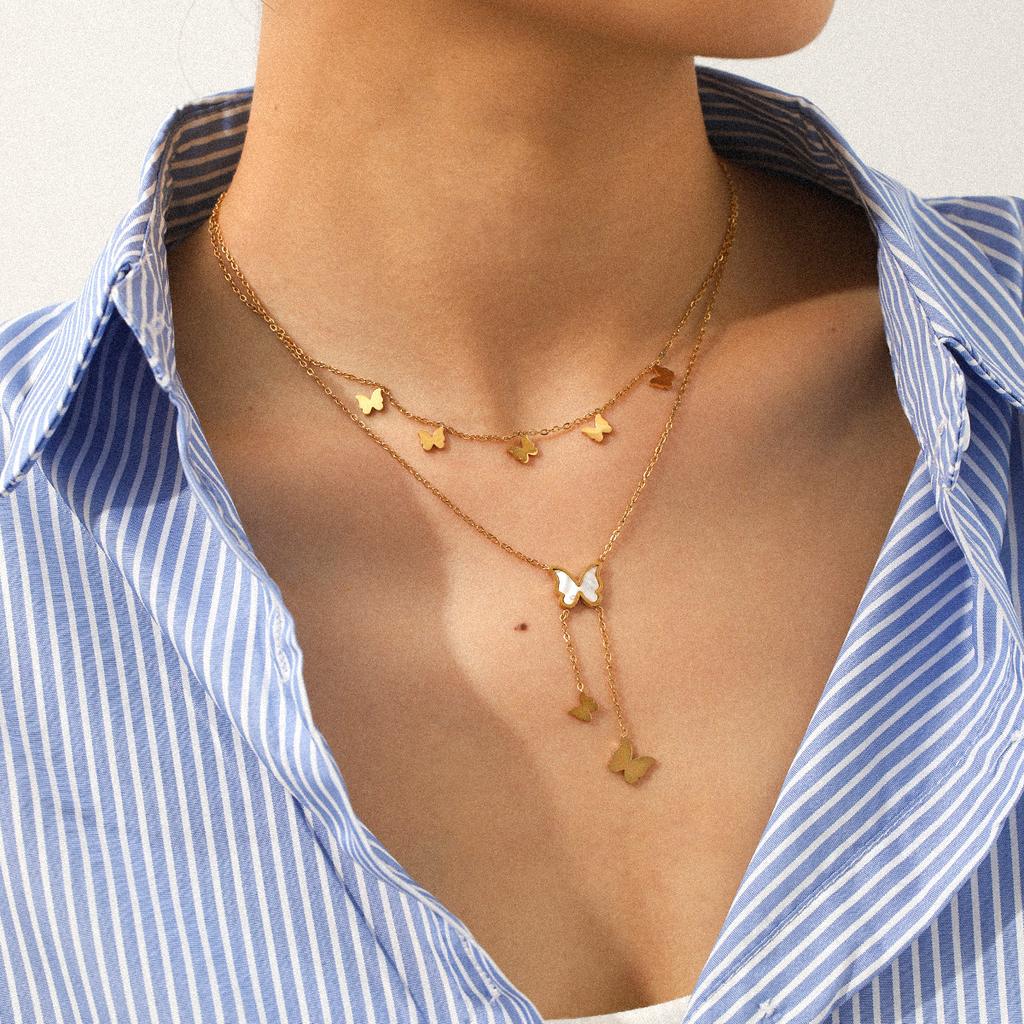 Double-layer stainless steel necklace, light luxury niche accessory, sweater chain for women, titanium steel jewelry