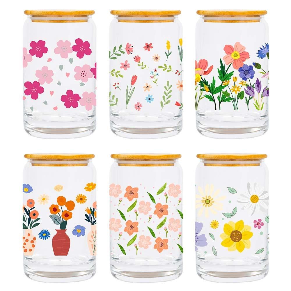 Glas Wasserbecher mit frischen Blumenpflanzen-Serie Kristall Transferaufkleber zur Heimdekoration