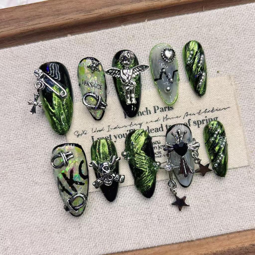 Square Press on Nails Almond Fake Nails French Tip False Nails with 3D Design Full Cover Acrylic Glue on Nails Artificial Stick on Nails for Women